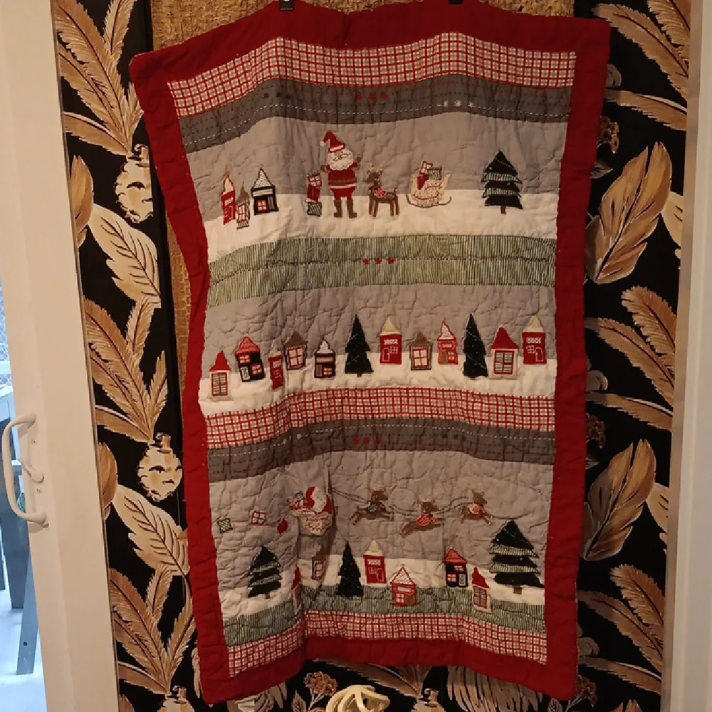 Pottery Barn Kids Holiday Quilt with Santa and Village Design